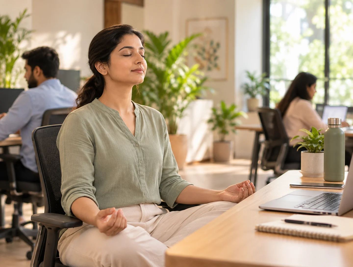 Seated meditation at a work desk